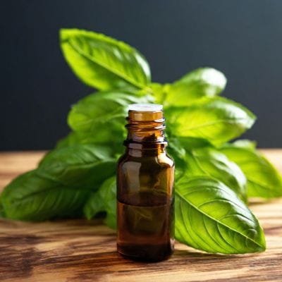 Basil Essential Oil Lush green basil leaves in a garden, showcasing vibrant freshness and natural texture.
